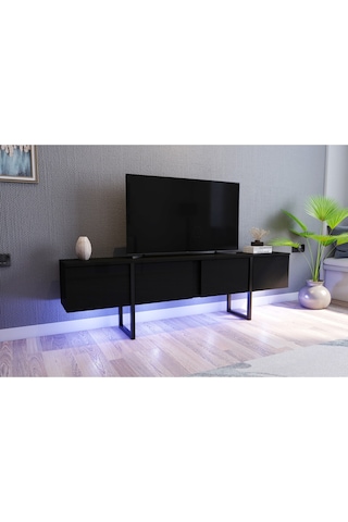 Marta 2 Kapaklı Metal Ayaklı Led'li Tv Sehpası - Siyah