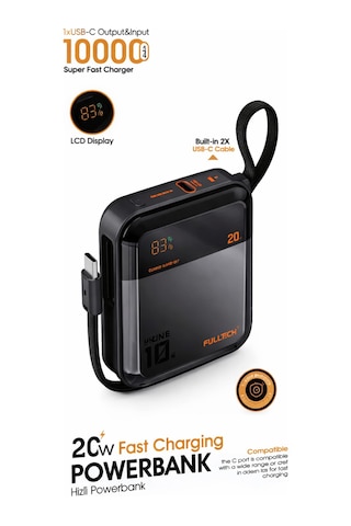 10.000mah 20w Lcd Göstergeli 2x Dahili Usb-c Kablolu Powerbank siyah