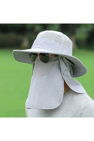 Çıkarılabilir Boyun Koruyucu Ve Yüz Siperliği Olan Geniş Kenarlı Ağızlı Güneşlik Şapka Gri