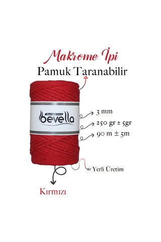 Taranan Makrome Ipi 3mm Taranabilir Pamuk Tek Büküm Makrome Ipi Kırmızı