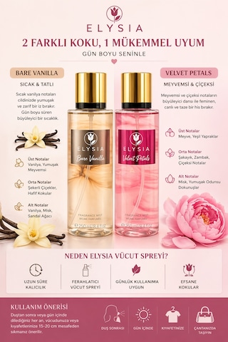 Elysıa Bare Vanilla & Velvet Petals 2 Li Set Kadın Vücut Spreyi 250 Ml X2 Kalıcı Ferah Parfüm Mist