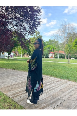 Siyah Renkli Etnik Desenli Kaftan Kimono Salaş Yazlık Plaj Ve Günlük Kullanım Siyah Turuncu