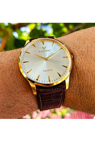 Raymond 44mm Klasik Seri Ultra İnce Deri Kordon Erkek Kol Saati Altın