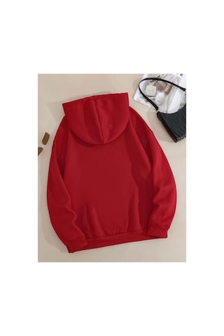 Herkesemoda X Baskı Detaylı Kapüşonlu Sweatshırt Kırmızı