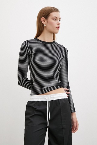 Bisiklet Yaka Çizgili Bluz Siyah Siyah