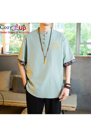 Rahat Up Çin Tarzı 1/2 Kollu Casual Gömlek Erkek İnce Stand Yaka Nakış Pamuk Ve Keten Yeşil