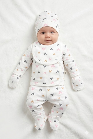 Baby Shez %100 Pamuklu Fitilli 5 Parça Yenidoğan Hastane Çıkışı Kalpli Zıbın Set Gri