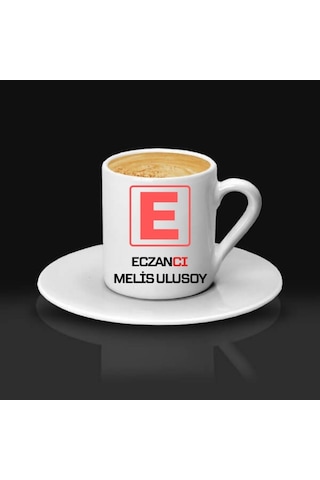 Eczacıya Hediye E Amblemli İsme Özel Kahve Fincanı Tekli Beyaz
