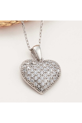 925 Ayar Gümüş Bombeli Kalp Kadın Kolye Gümüş