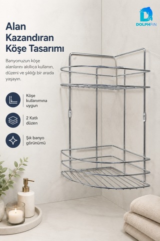 2 Katlı Gümüş Banyo Duş Rafı Metal Köşe Şampuanlık Sabunluk Banyo Düzenleyici Raf Metalik