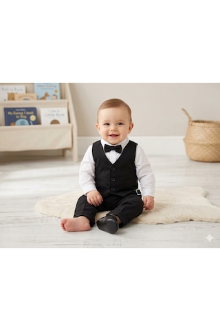 Baby Kids Colors Erkek Çocuk Smokin Takım Elbise Düğmeli Yelekli Papyonlu Zincirli Siyah