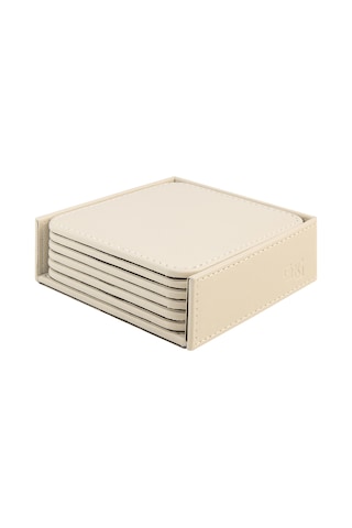 Bardak Altlığı,6 Lı Set,masaüstü Kare Cup Coaster,vegan Suni Deri,11x11 Cm.,bej
