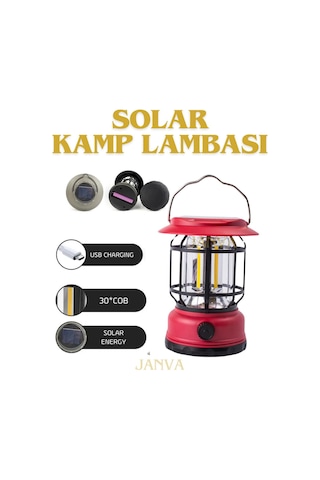 Janva Güneş Panelli Enerjili Nostaljik Dekoratif Ledli Kamp Feneri Lamba Işıldak Usb Şarjlı 18650 Kırmızı