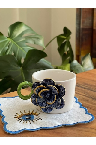 Lacivert Güllü Fincan Mug Altlığı İle Çok Renk