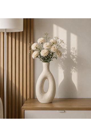 Dekoratif Vazo 24 Cm - Yapay Çiçek Vazosu - Modern Ev & Ofis Dekorasyon - Beyaz