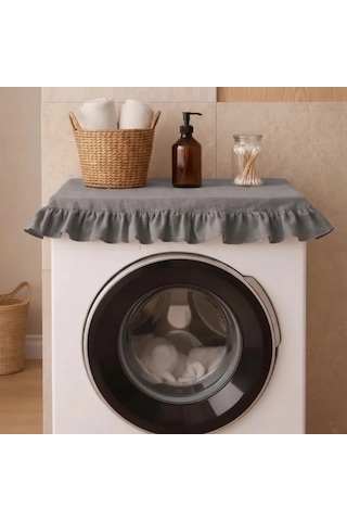 Fırfırlı Çamaşır Makinesi Örtüsü - Çeyizlik Dekoratif Banyo Makine Kılıfı- Füme