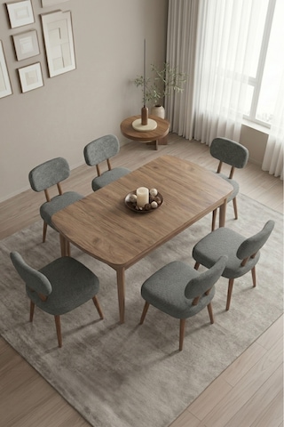 Hopii Bohem 80x132 Büyüyen Masa Antik Çam Doğal Ahşap Yemek Masası Mutfak Masası Takımı 6 Sandalye Haki