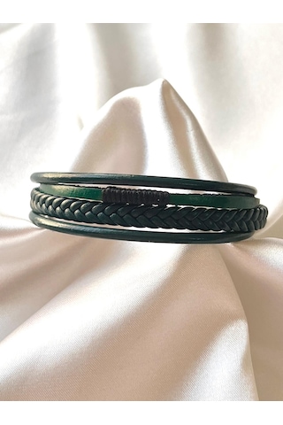 %100 Deri 4lü Kombin Yeşil Erkek Bileklik Boyut Net 20 Cm Yeşil