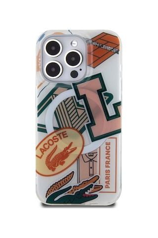 Apple Uyumlu iPhone 15 Pro Kılıf Lacoste Lisanslı Magsafe Şarj Özellikli Yamalar Desenli Turuncu