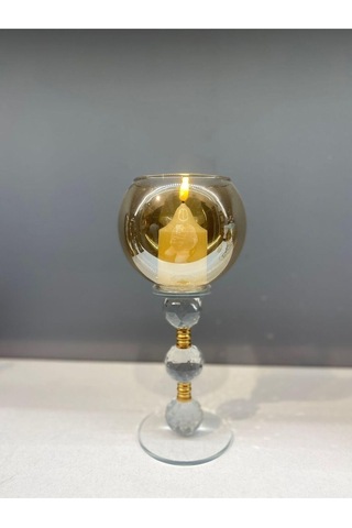 Dekoratif Kristal Cam Üçlü Top Şamdan Gold
