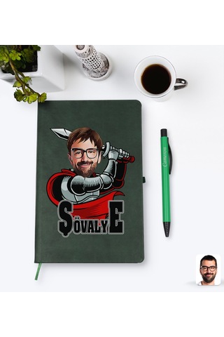 Kişiye Özel Şövalye Karikatürlü Yeşil Termo Deri Defter Kalem Set