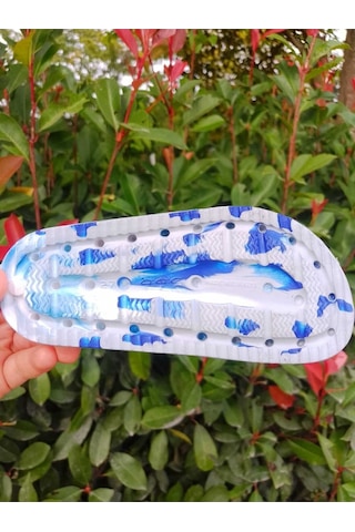 Ayfox Eva Çocuk Terlik Çift Tokalı Günlük Ev Banyo Plaj Terliği Önü Açık Çocuk Terlikleri Mavi Beyaz Ebruli