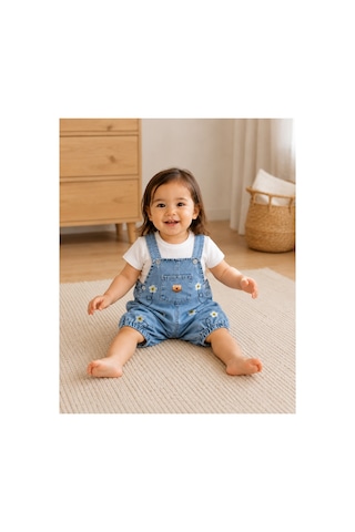 The Two Kız Bebek Papatya Nakışlı Denim Salopet Ve Pamuklu Tişört 2'li Takım 9-18 Ay Çok Renkli