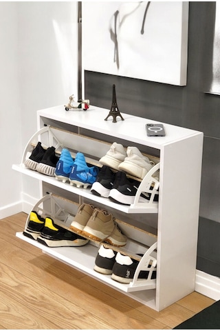 Düşer Kapaklı Ayakkabılık 4 Bölmeli 2 Kapaklı Kayar Raflı Dolap Beyaz