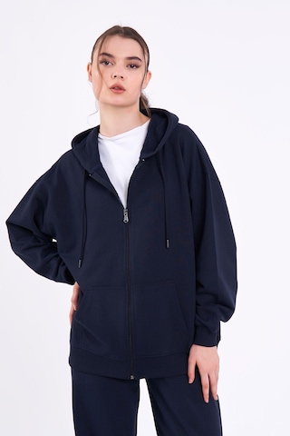 Comeor Lacivert Kanguru Cepli Kapüşonlu Fermuarlı Oversize Kadın Sweatshirt Cmrb73 Lacivert