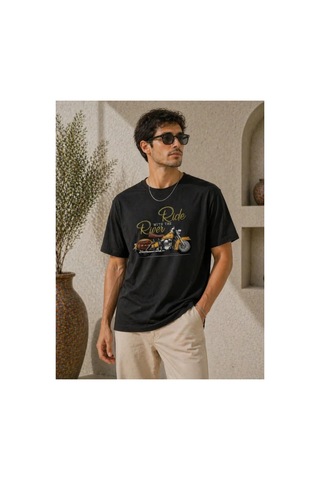 Butik İstanbul Erkek Motosiklet Baskılı Tişört Bisiklet Yaka Kısa Kol Yazlık T-shirt - Siyah