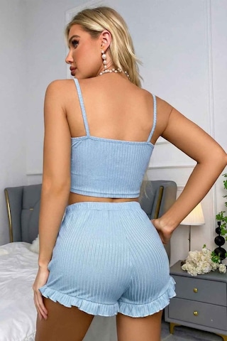 Merry See Dantelli Askılı Crop Üst Ve Fırfır Paça Mini Şortlu Pijama Takım Mavi