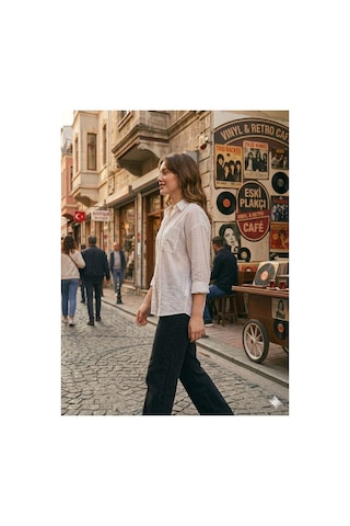 Zdnjeans Kadın Bej Rahat Kesim Keten Gömlek