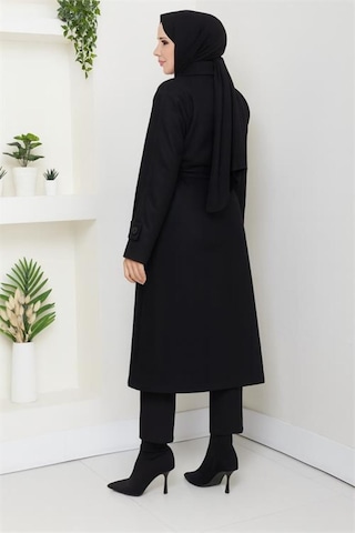 Neşeli Butik Kadın Düğme Detaylı Astarlı Midi Boy Kuşaklı Kaşe Kaban Nbft004 Siyah