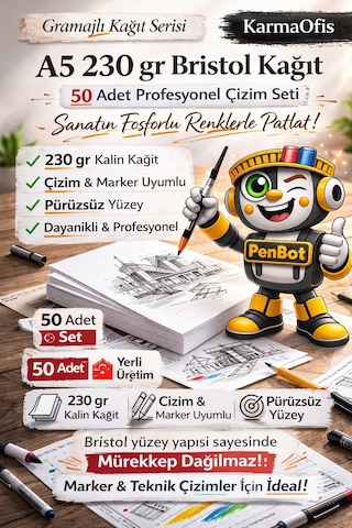 A5 230 Gr Bristol Kağıt 100 Adet Kalın, Pürüzsüz, Marker & Teknik Çizim
