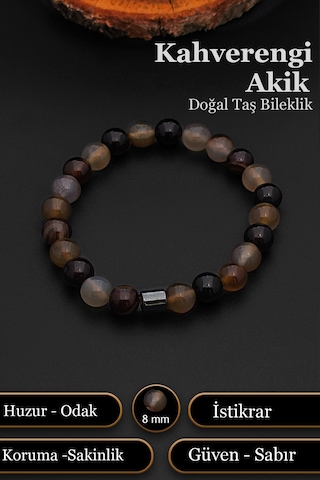 Doğal Taş Bileklik Erkek Kadın Kahverengi Akik Bileklik 8 Mm Bt054 Açık Kahve