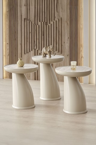 Altınaks Mobilya Elips 3'lü Sehpa, Yan Sehpa, Zigon Sehpa - Kumtaşı & Traverten Desenli Tabla Kumtaşı Renk Gövde & Traverten Desenli Tabla