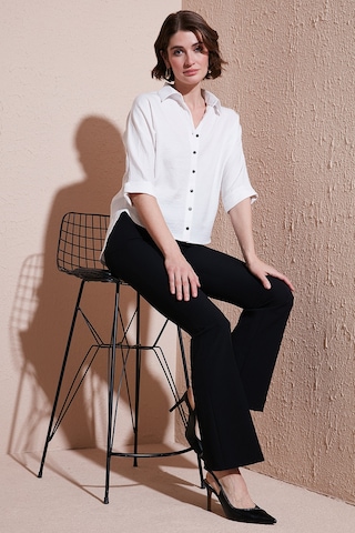 Lela Oversize Fit Önü Kısa Arkası Uzun Truvakar Kol Bayan Gömlek 5866116 Beyaz