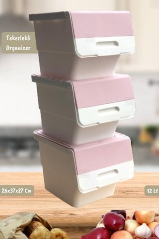 3 Lü Tekerlekli Patateslik Soğanlık Oyuncaklık Erzak Kutusu Sebzelik Beyaz Pembe 36 Lt Pembe Beyaz