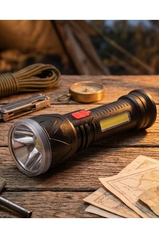 Şarjlı Led El Feneri 9 Led Güçlü Işık 4 Modlu Kullanım Açık Gri