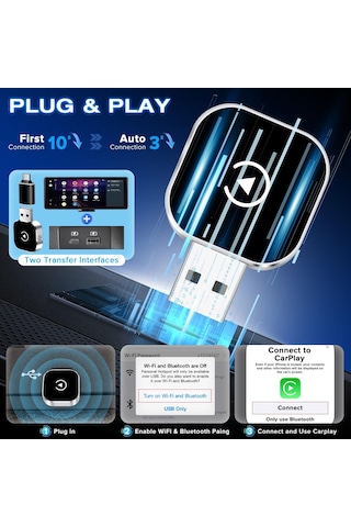 Mufunye 2025 Yeni Sürüm Kablosuz Araç Bağlantı Kutusu - Carplay Ve Android Auto Desteği, Otomatik Yeniden Bağlanma, Ultra Kompakt Tasarım Siyah