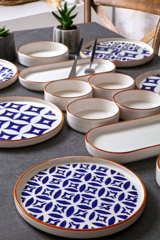 Kitchen Life 14 Parça 6 Kişilik Karo Stackable Kahvaltı Takımı - Kahvaltılık Lacivert Bej Kahverengi