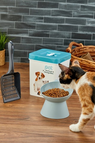 Evcil Hayvan Kedi Ve Köpek Mama Saklama Kabı & Mama Kabı Seti Kürek Hediyeli 3'lü Set - Mavi