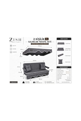 Zishome 2 Kişilik Gri Yıkanabilir Kılıflı Bahçe Balkon Salıncağı Tekstil Seti 140x45x8 Cm Minder Ölçüsü Oturak Sırt Minderi Ve Tente Takımı , Metal İskelet Dahil Değildir