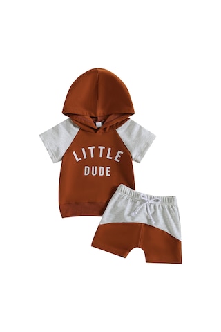 Kahverengi Bebek Erkek Yaz Giysileri Kıyafetler Mektup Baskı Kontrast Renk Kapşonlu Kısa Kollu Üstler Ve Şort 2 Adet Takım Elbise Kahverengi