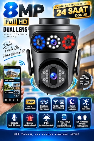 8mp Dual Lens Wifi Ptz Dış Mekan Güvenlik Kamerası Renkli Gece Görüş İnsan Takip Ip66 Rj45