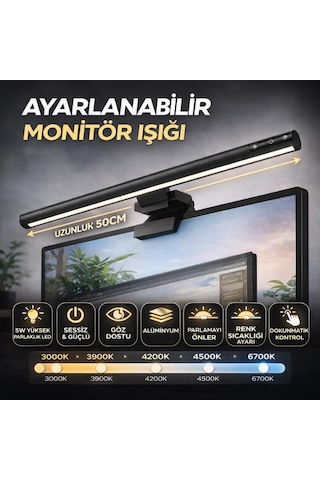 Coofbe Alüminyum 50cm Ayarlanabilir Led Monitör Işığı Lambası İ-wok Kademeli Parlaklık Ayarlı Pc Ekran Işığı