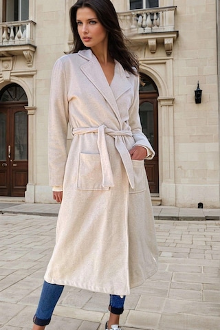 Ekru, Şal Yaka, Cepli, Kuşak Detaylı, Astarsız, Uzun Kaban Ekru