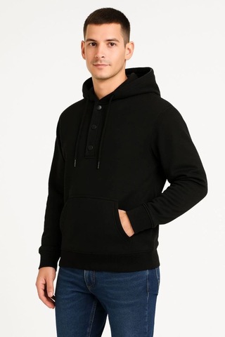 Mbb E-ticaret Erkek Kapüşonlu Hoodie Cepli Çıtçıtlı 3 İplik Pamuklu Sweatshirt - Siyah