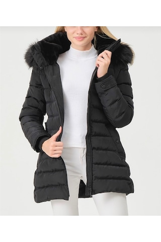 Kadın Siyah Kürklü Çıkarılabilir Kapüşonlu Su Geçirmez Uzun Şişme