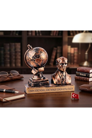 Atatürk Büstü Ve Küre Dekoratif Masaüstü Seti - Canım Öğretmenim Hediyelik Biblo